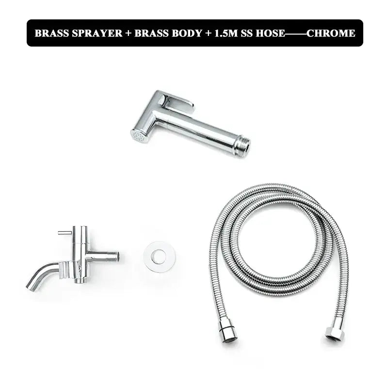 Chrome-finished brass bidet faucet set with sleek modern design and matching chrome metal hose for bathroom use