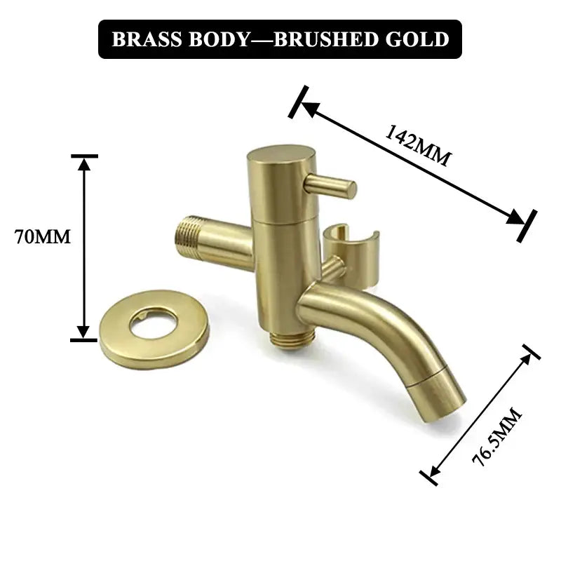 Modern brushed gold bidet faucet set with brass body, cylindrical handle, and curved spout for bathroom use