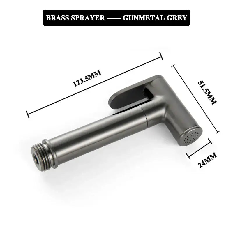 Modern brushed gold bidet faucet set with gunmetal grey brass sprayer featuring sleek design and precise measurements