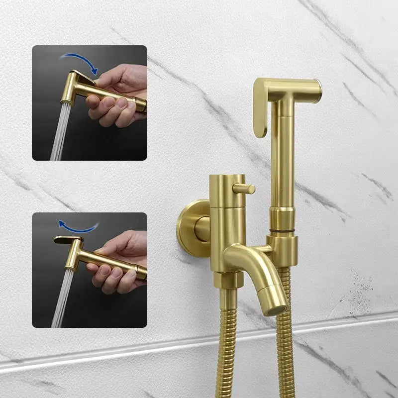 Modern brushed gold bidet faucet set featuring a gold-colored brass bidet faucet with a flexible hose and sleek design