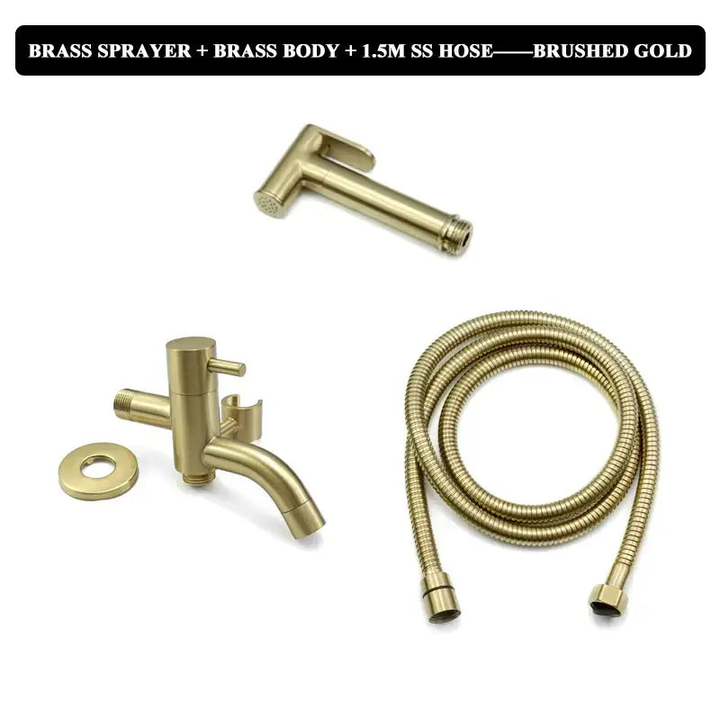 Modern brushed gold bidet faucet set with a handheld shower sprayer and stainless steel hose featuring sleek design