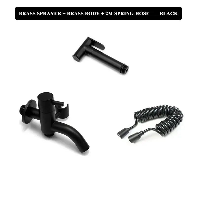 Black brass bidet faucet set with coiled spring hose and matching faucet body for modern bathroom use