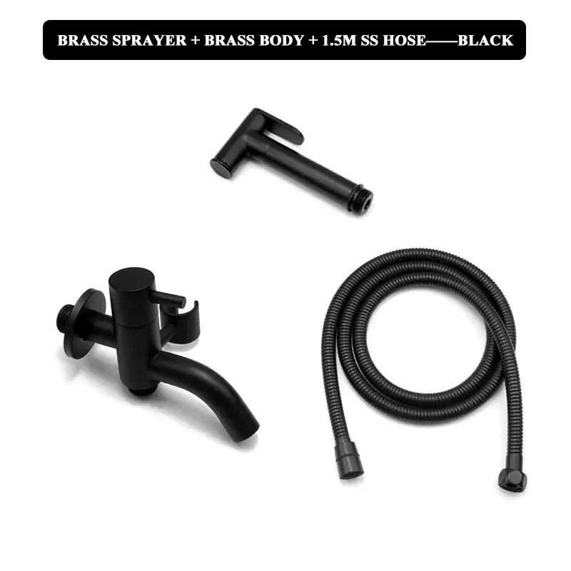 Modern black brass bidet faucet set with a 1.5-meter stainless steel hose for bathroom handheld sprayer use