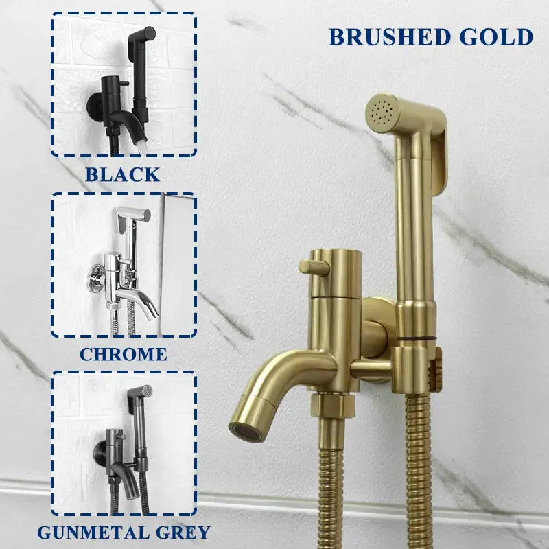 Modern brushed gold bidet faucet set with a sleek handheld shower sprayer and flexible hose for bathroom use