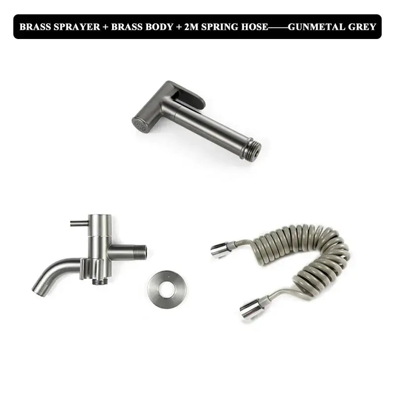 Gunmetal grey brass bidet faucet set with coiled spring hose and matching faucet for bathroom handheld shower sprayer