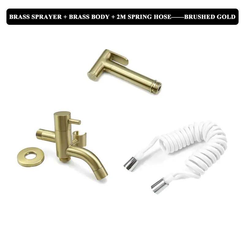 Modern brushed gold bidet faucet set with matching brass faucet body and coiled white spring hose bathroom sprayer