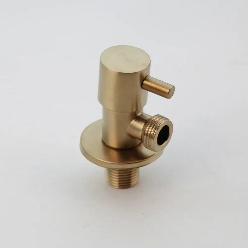Modern brushed gold bidet faucet valve with brass finish cylindrical handle and threaded stainless steel connections