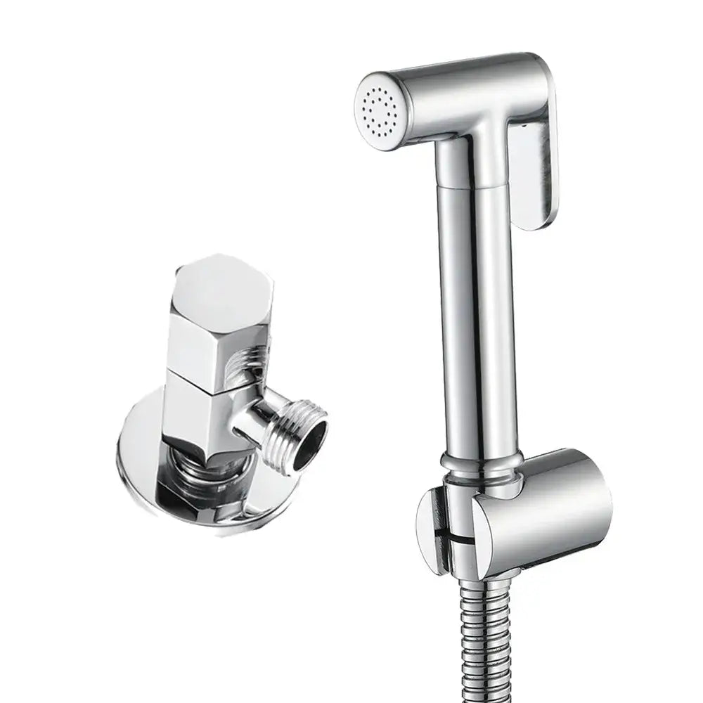 Modern brushed gold bidet sprayer kit featuring a chrome-finished nozzle with flexible hose and adjustable wall-mounted valve