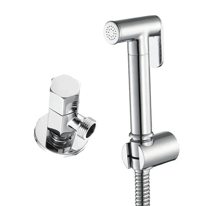 Modern brushed gold bidet sprayer kit featuring a chrome-finished nozzle with flexible hose and adjustable wall-mounted valve