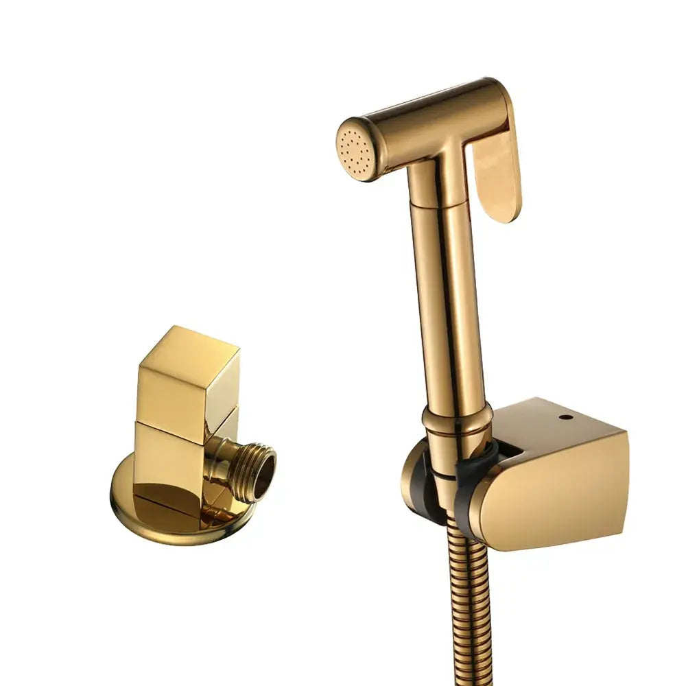 Gold-colored sleek brushed gold bidet sprayer kit with modern rectangular wall mount and matching floor valve for bathroom use