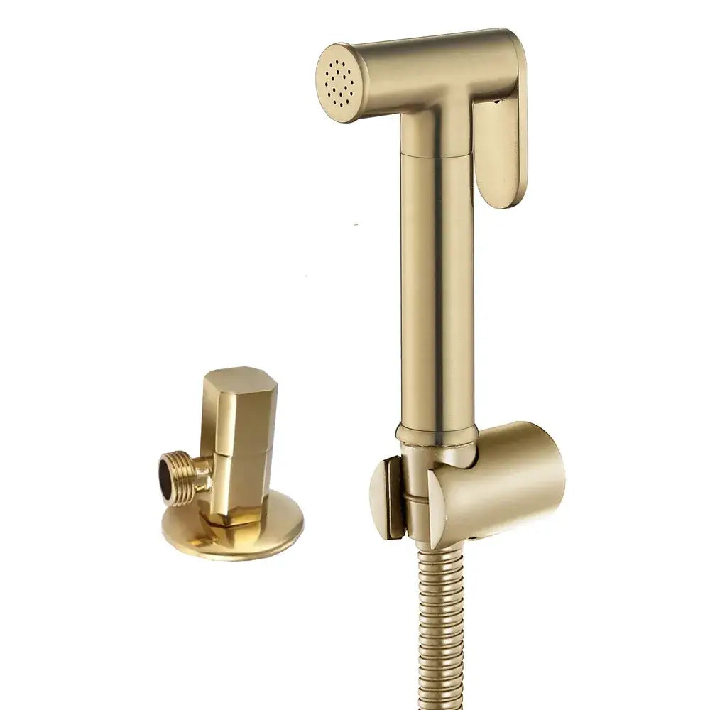 Modern brushed gold bidet sprayer kit with sleek handheld sprayer, flexible hose, and matching wall-mounted valve for bathroom use