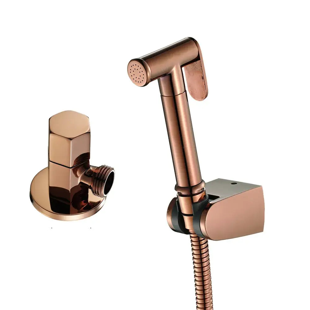 Copper-finished bidet sprayer kit with a brushed gold modern design and flexible hose for bathroom use