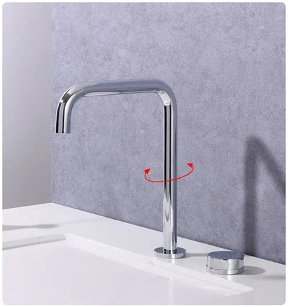 Modern chrome-finished basin faucet with sleek curved spout and cylindrical handles for decorbites brushed gold kitchen tap