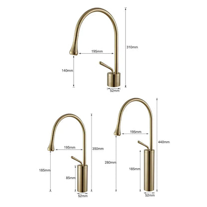 Brass-finished modern brushed gold and black deck mounted kitchen faucet with single hole installation and curved spout