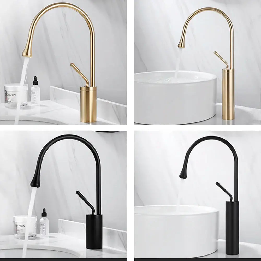 Modern brushed gold and black deck mounted single hole kitchen faucet with sleek curved spouts and cylindrical bases