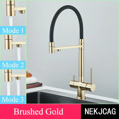 Modern brushed gold kitchen faucet with black flexible hose and dual handle design by decorbites brushed gold collection