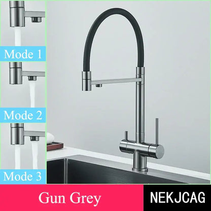 Modern brushed gold dual handle kitchen faucet with gun grey body and flexible black hose for versatile water flow decorbites brushed gold