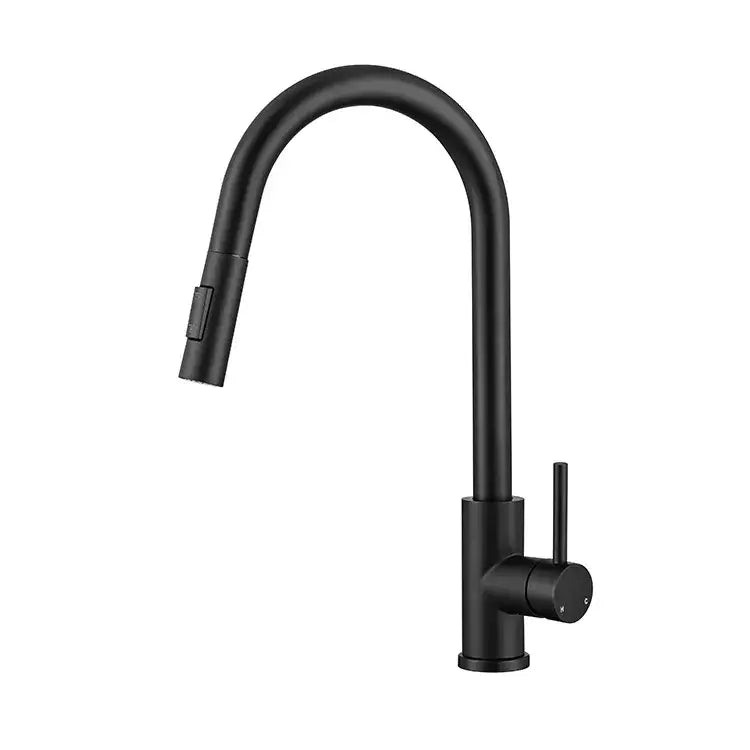 Modern brushed gold and black kitchen faucet with black matte finish, curved spout, and pull-down spray head decorbites brushed gold
