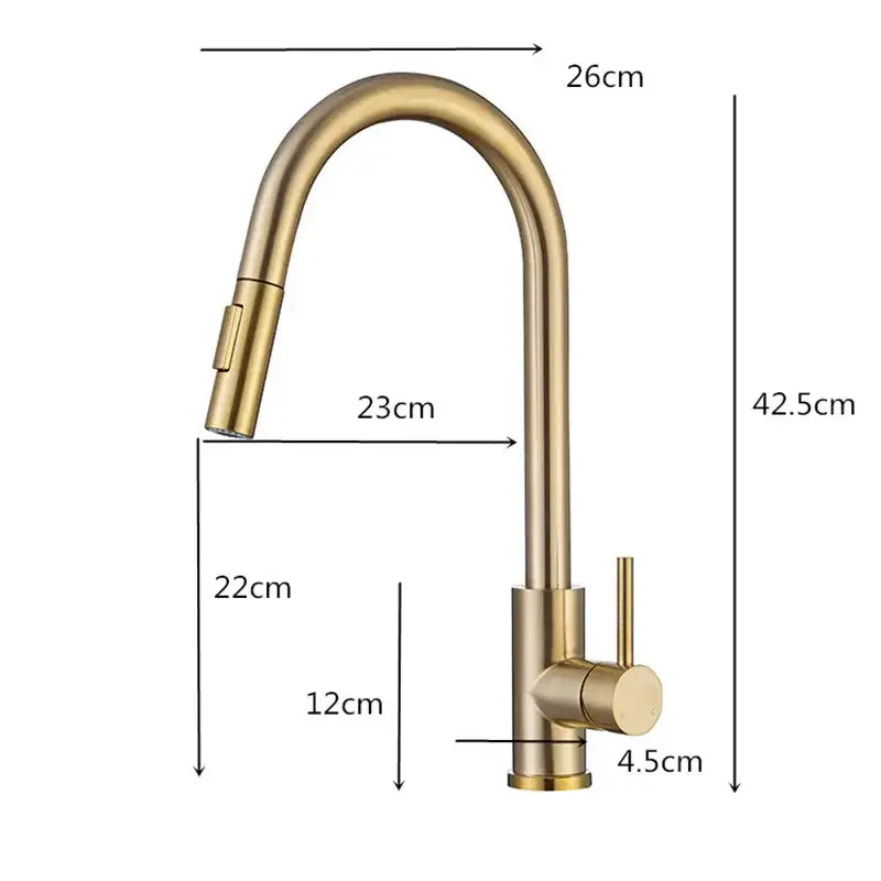 Modern brushed gold kitchen faucet with pull out hose and sleek pull down spray head by decorbites brushed gold