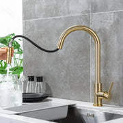 Modern brushed gold kitchen faucet with pull out black flexible hose decorbites brushed gold design