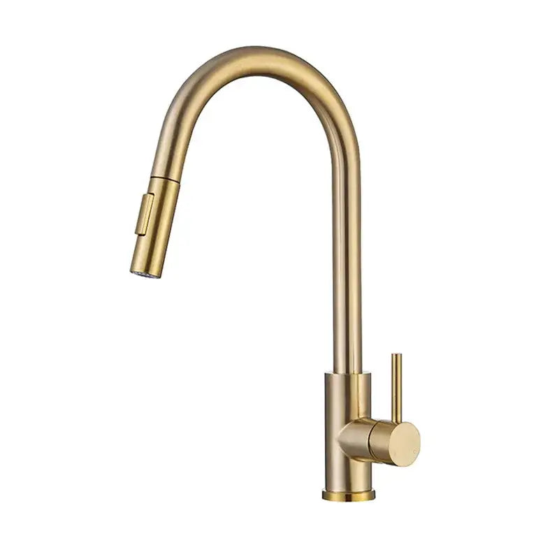 Modern brushed gold kitchen faucet with sleek curved spout minimalist design and pull out hose decorbites brushed gold