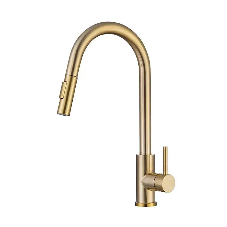 Modern brushed gold kitchen faucet with sleek curved spout and pull out hose decorbites brushed gold design