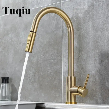 Tuqiu kitchen faucet in brushed gold with sleek curved spout and pull-down spray head for modern decorbites brushed gold style