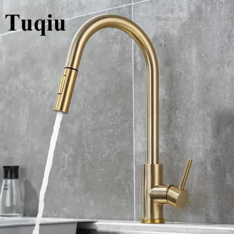 Tuqiu kitchen faucet in brushed gold with sleek curved spout and pull-down spray head for modern decorbites brushed gold style