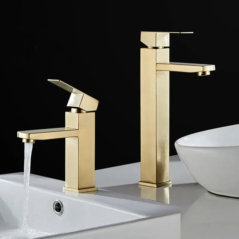 Modern brushed gold and black rectangular basin tap with a sleek minimalist design for bathroom sink mixer decorbites brushed gold