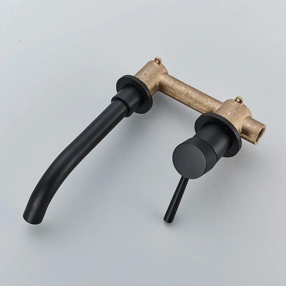 Black matte finish wall mounted basin faucet with brushed gold curved metal body for modern bathroom mixer