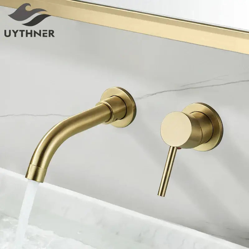 Modern brushed gold wall mounted basin faucet with sleek design and matching circular handle for bathroom mixer