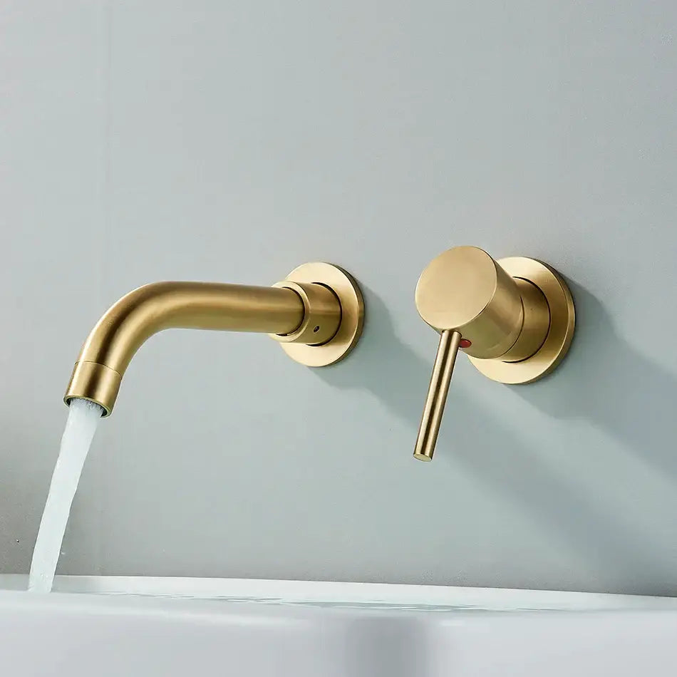 Modern brushed gold and black wall mounted basin faucet with sleek minimalist design and single lever handle