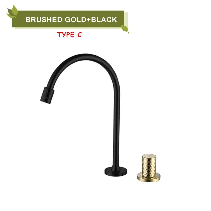 Modern brushed gold brass basin faucet kitchen mixer tap with sleek curved spout and textured black handle by decorbites