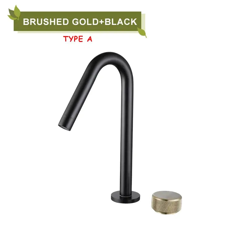Modern brushed gold brass basin faucet with sleek curved spout and textured black knob for kitchen use by decorbites basin faucet