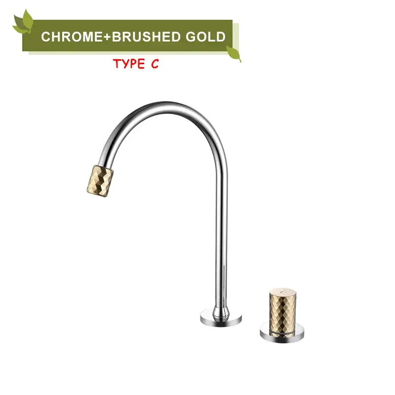 Modern brushed gold brass basin faucet with chrome curved spout and textured decorbites brass basin handles