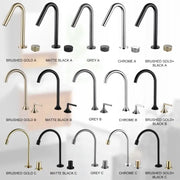 Modern brushed gold brass basin faucet kitchen mixer tap with sleek curved spouts in brushed gold matte black grey and chrome finishes