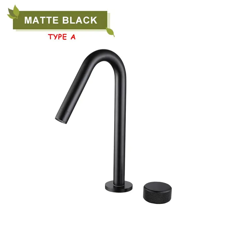 Matte black basin faucet with curved spout and textured handle contrasts modern brushed gold decorbites brass basin design