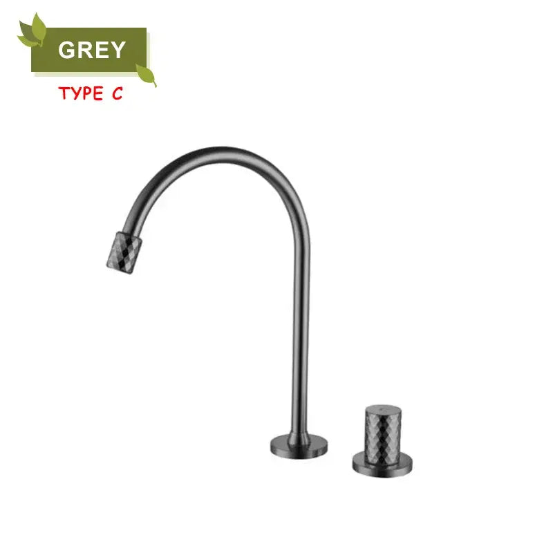 Modern matte grey basin faucet with sleek curved spout and textured handles in decorbites brass basin collection
