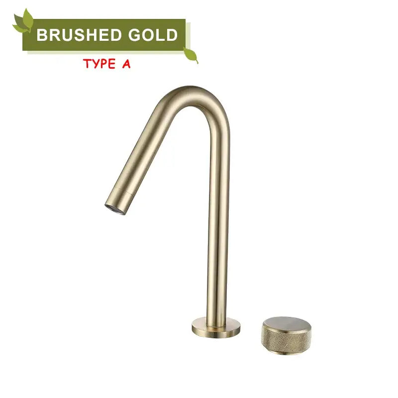 Modern brushed gold brass basin faucet with single-handle curved spout and textured knob for decorbites basin faucet