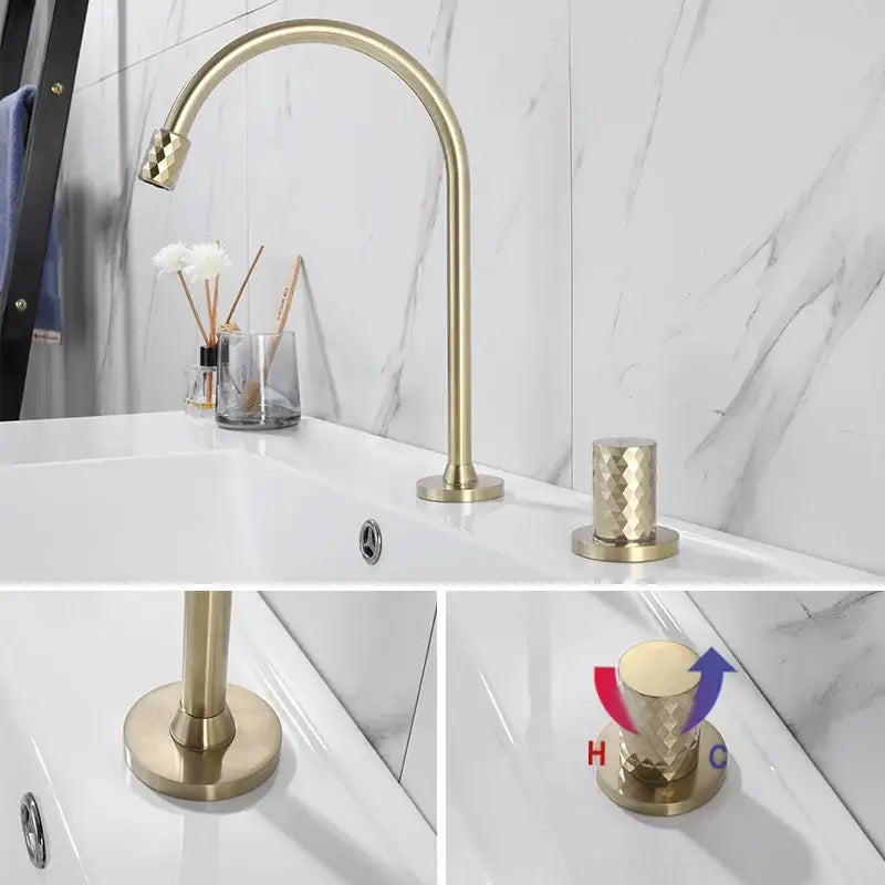 Modern brushed gold brass basin faucet with curved spout and diamond-patterned handles for decorbites basin faucet