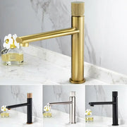 Modern brushed gold brass basin faucet with knurled handle and sleek single-handle design for bathroom sink