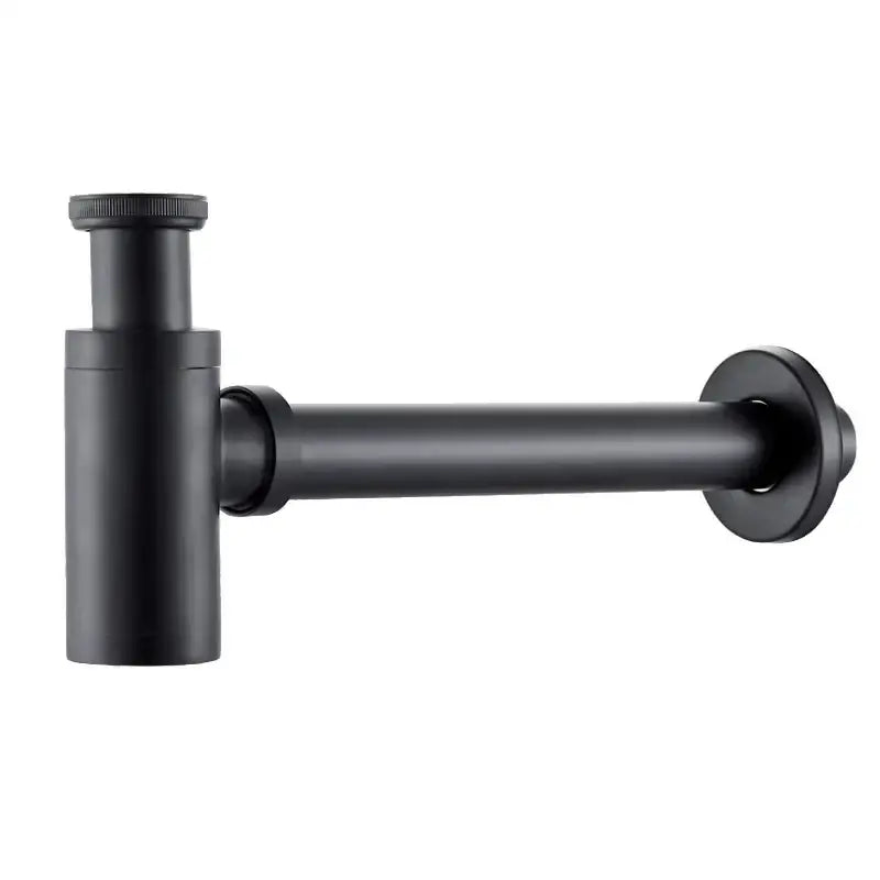 Black matte-finish sink drain trap with cylindrical body and horizontal pipe for decorbites brass basin use