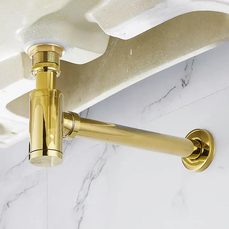 Modern brushed gold brass basin p-trap bathroom sink drain with sleek polished finish and l-shaped decorbites brass basin design