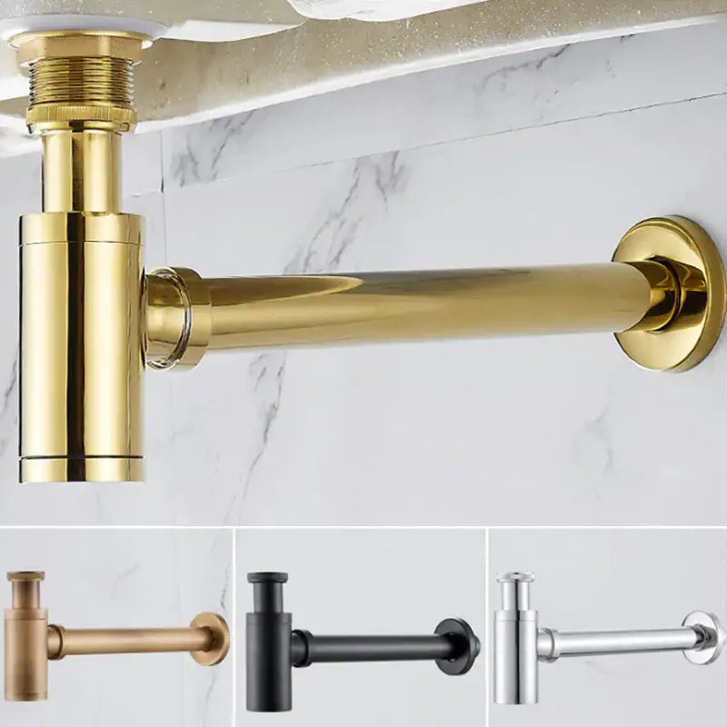 Modern brushed gold brass basin p-trap bathroom sink drain with sleek undermount design and decorbites brass finish