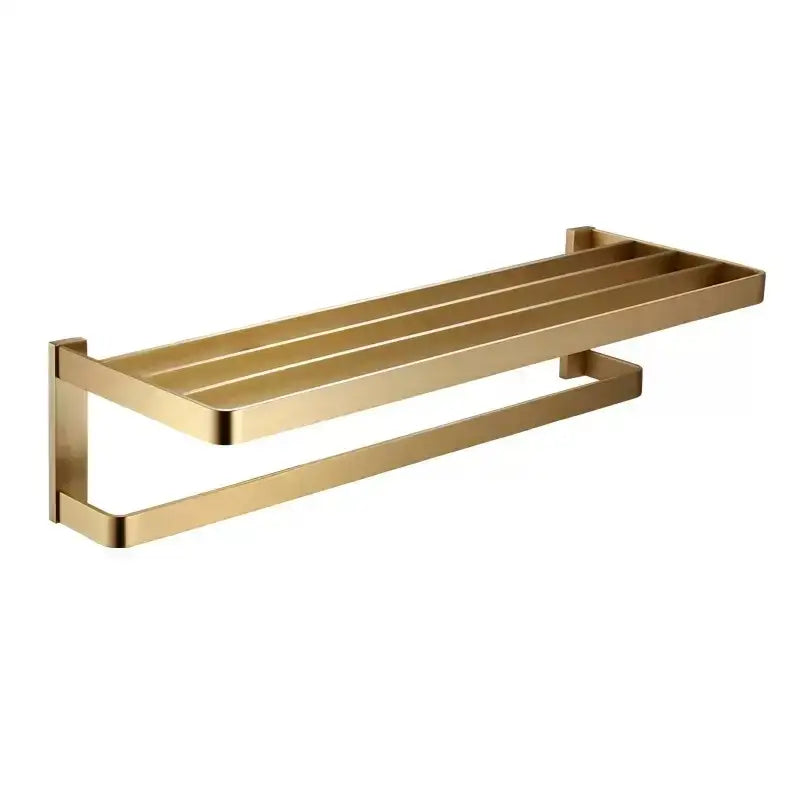 Modern brushed gold brass bath hardware set towel rack with two parallel bars and a rectangular shelf for bathroom use