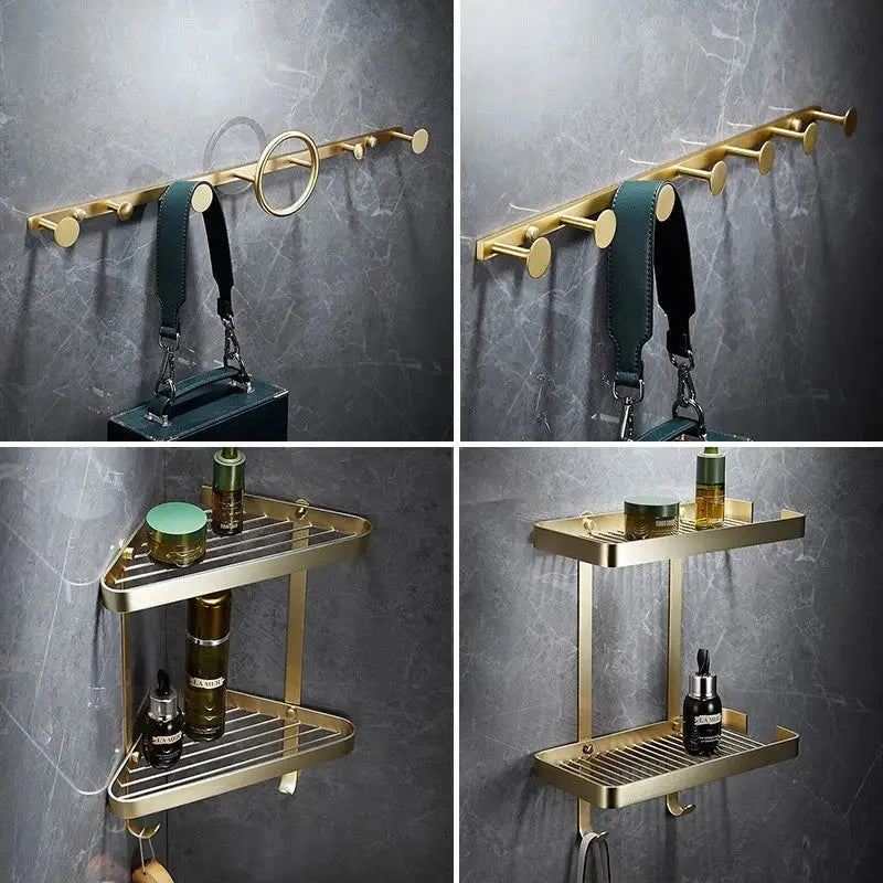 Modern brushed gold brass bath hardware set with a gold-toned metal bathroom rack featuring multiple hooks and corner shelf