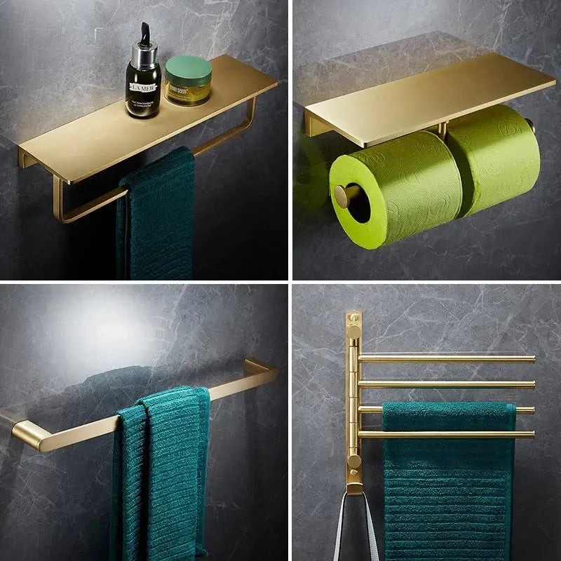 Modern brushed gold brass bath hardware set with sleek shelf, towel rack, dual toilet paper holder, and extendable towel bar