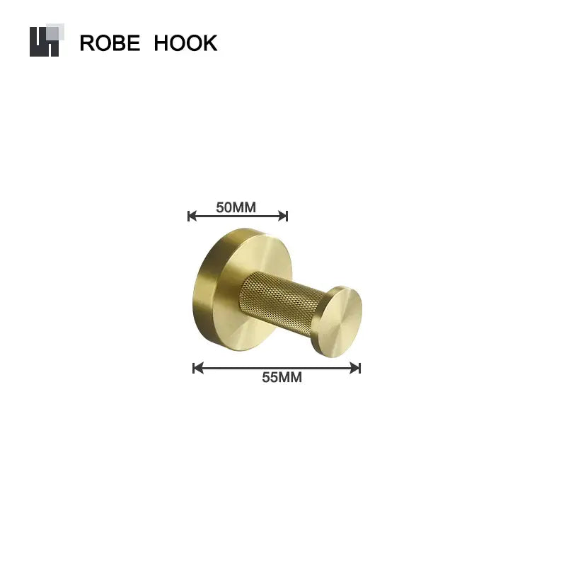 Gold-colored robe hook with textured central shaft and smooth rounded ends in brushed gold bathroom accessories set