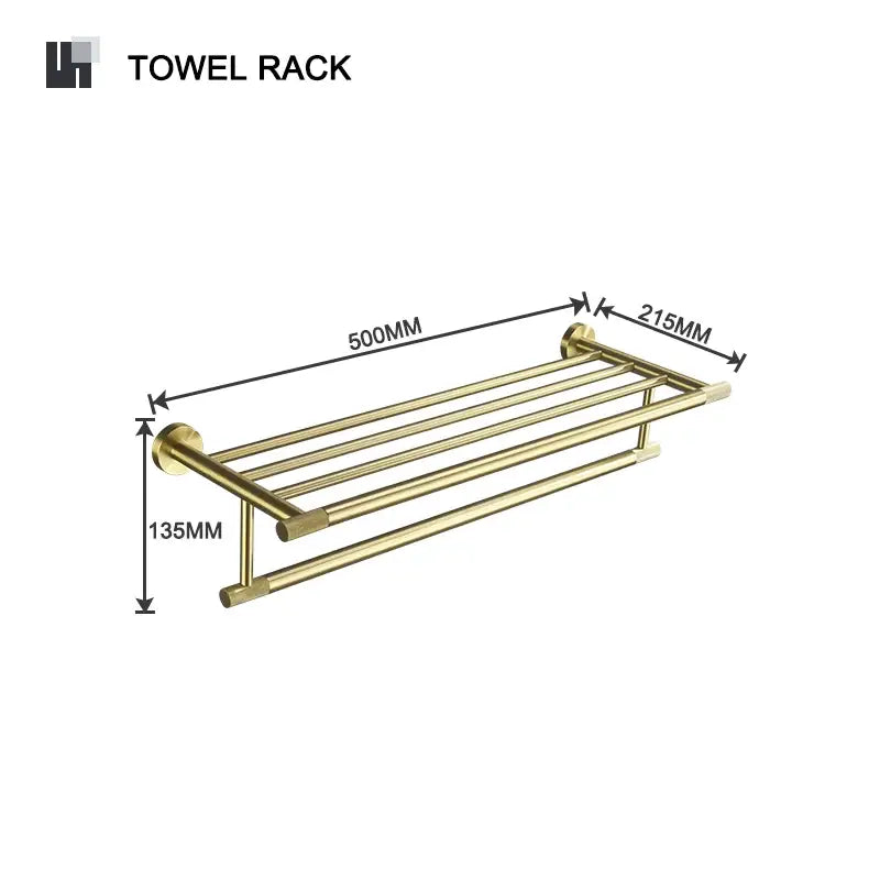 Modern brushed gold double-tier towel rack with sleek design and brushed metal bars bathroom accessories set