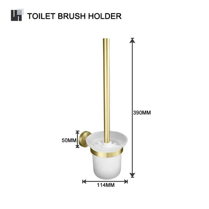 Gold-finished toilet brush holder with white ceramic base and brushed gold accent in bathroom accessories set